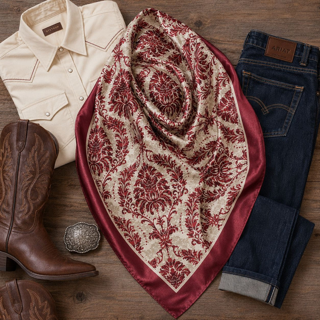Burgundy Cream Damask Wild Rag Scarf 35x35 Satin Polyester Western