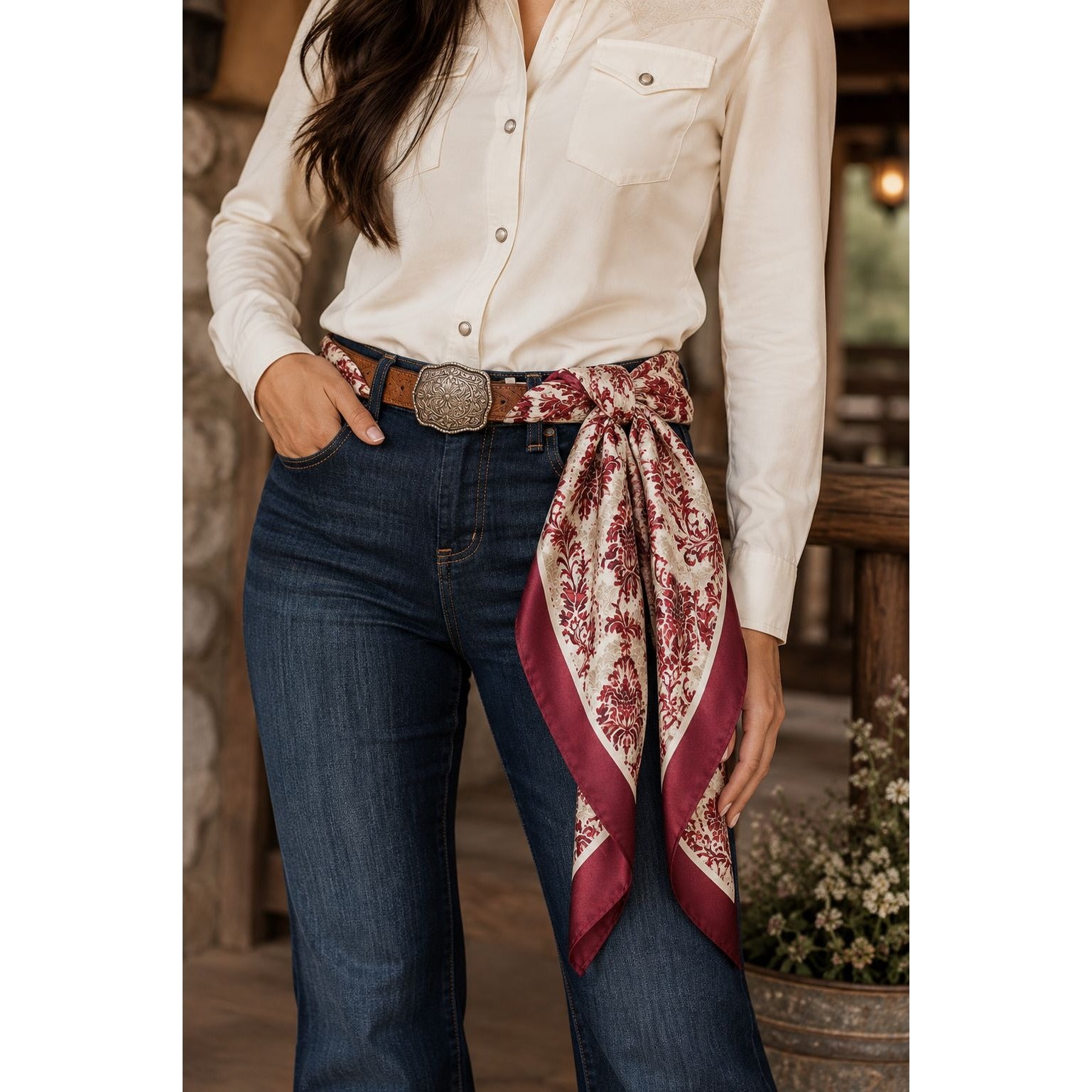 Burgundy Cream Damask Wild Rag Scarf 35x35 Satin Polyester Western