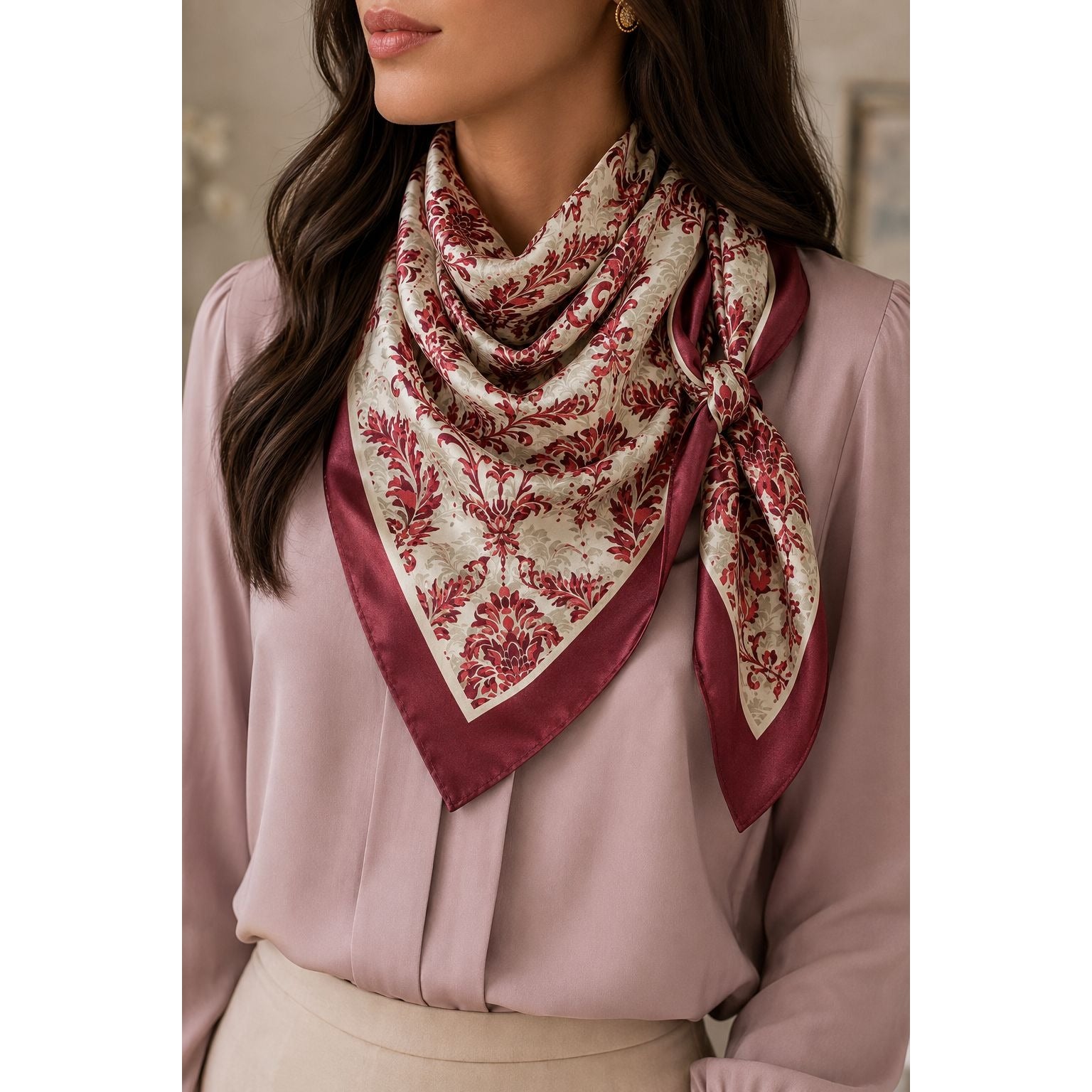 Burgundy Cream Damask Wild Rag Scarf 35x35 Satin Polyester Western