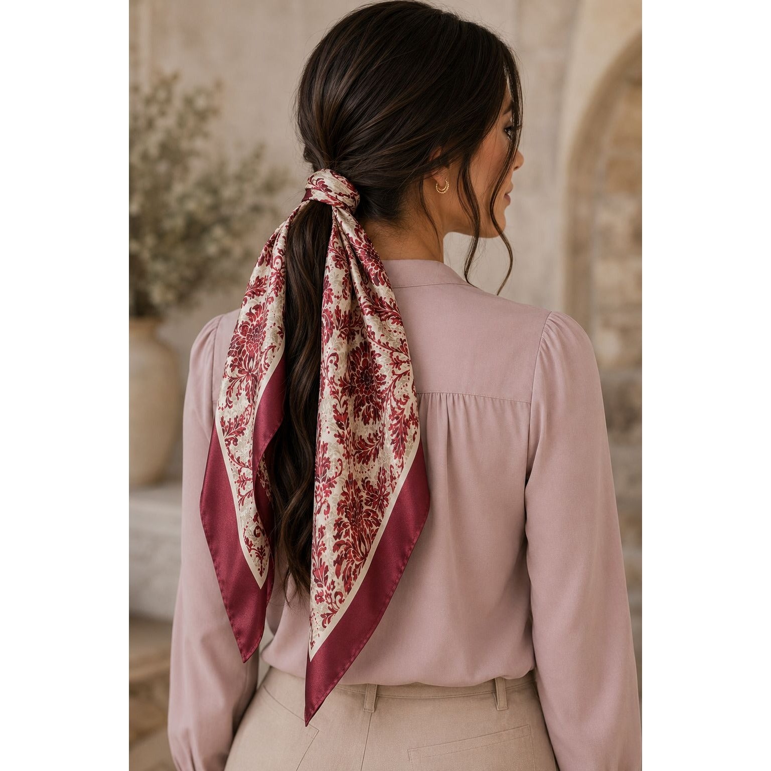 Burgundy Cream Damask Wild Rag Scarf 35x35 Satin Polyester Western