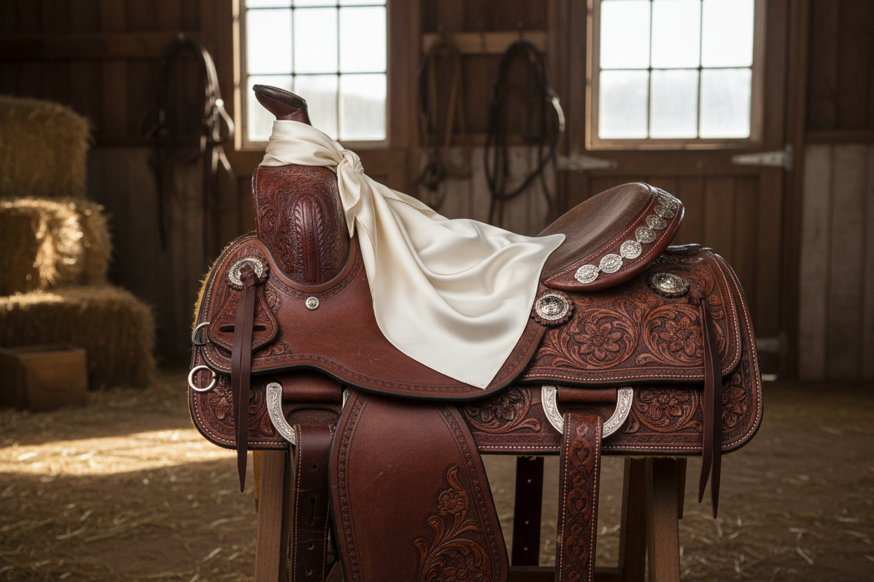 Off white wild rag 23x23 draped over western saddle with tack
