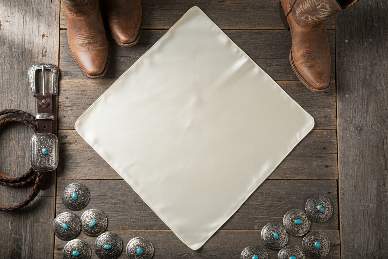 Off white wild rag 23x23 laid flat in square shape with western accessories