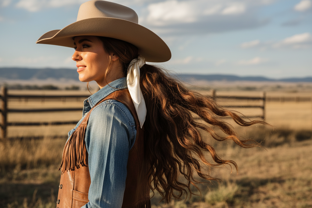 Off white wild rag 23x23 scarf styled as hair tie on cowgirl
