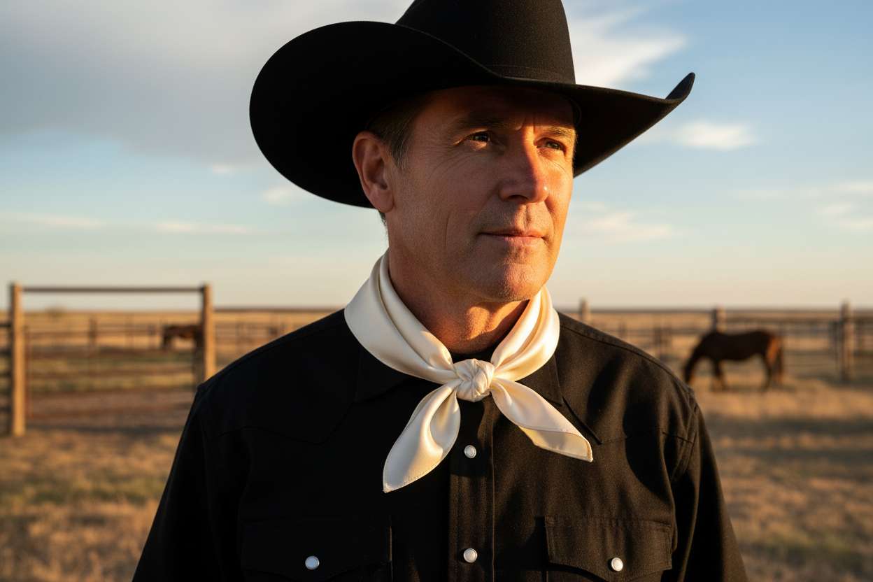 Off white wild rag 23x23 scarf tied in front with visible knot on cowboy