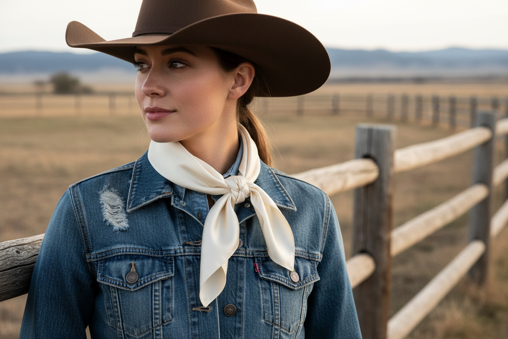 Off white wild rag 23x23 scarf wrapped around cowgirl's neck