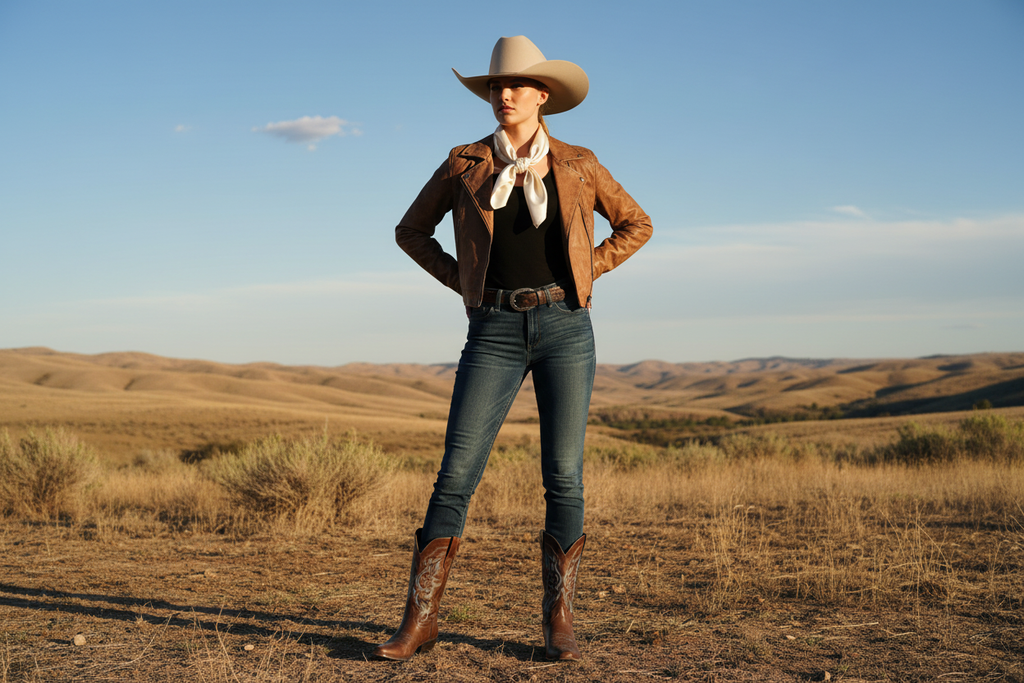 Off white wild rag 23x23 styled with leather jacket and boots