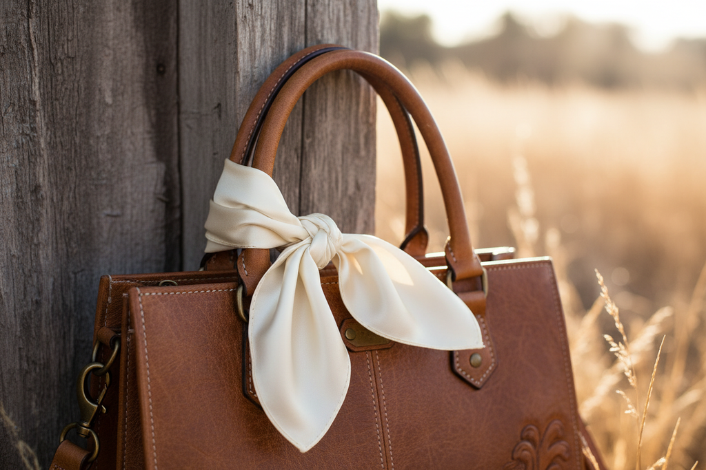 Off white wild rag 23x23 tied on western leather purse