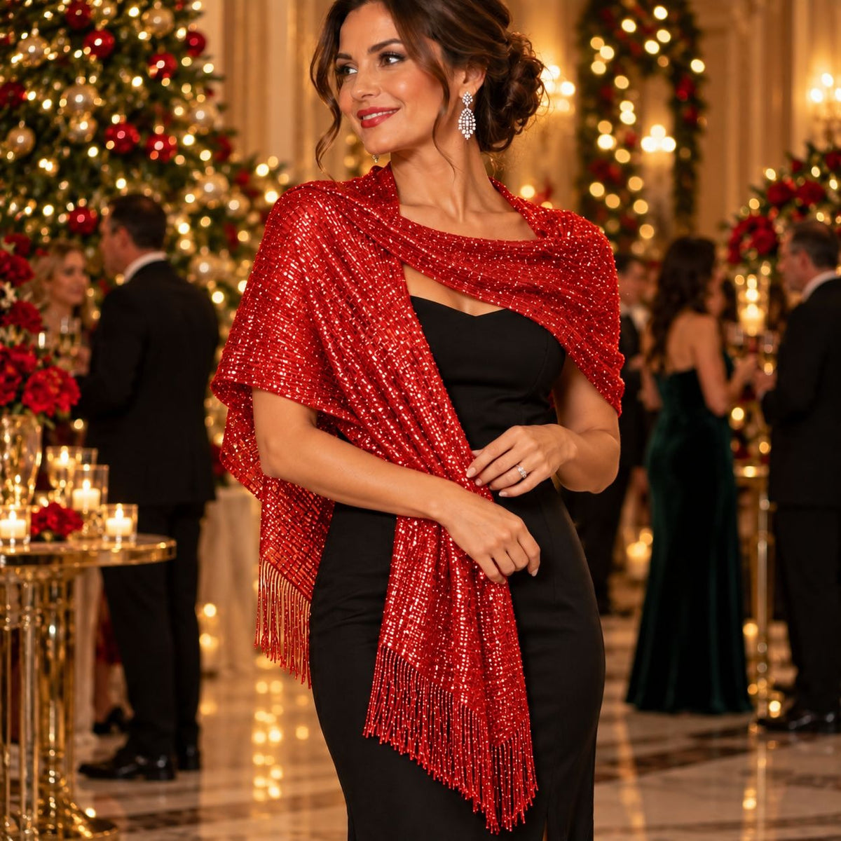 Metallic Red Shawl Wrap 70in Fringe Evening Scarf Slide Formal Party Stole