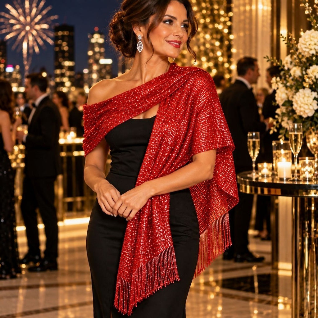 Metallic Red Shawl Wrap 70in Fringe Evening Scarf Slide Formal Party Stole