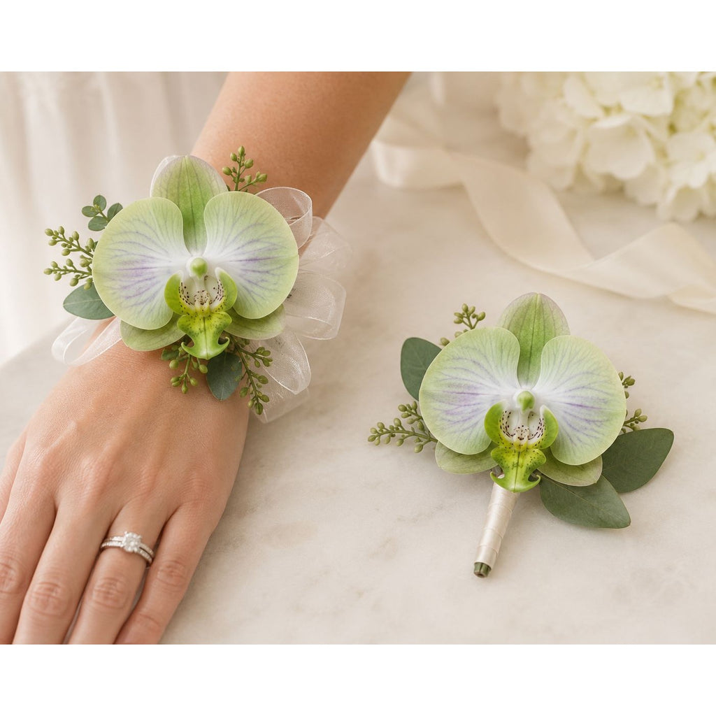 Jade Green Real Touch Orchid Heads Set of 2, 3.5 Inch Phalaenopsis Blooms for Corsage Boutonniere Crafts