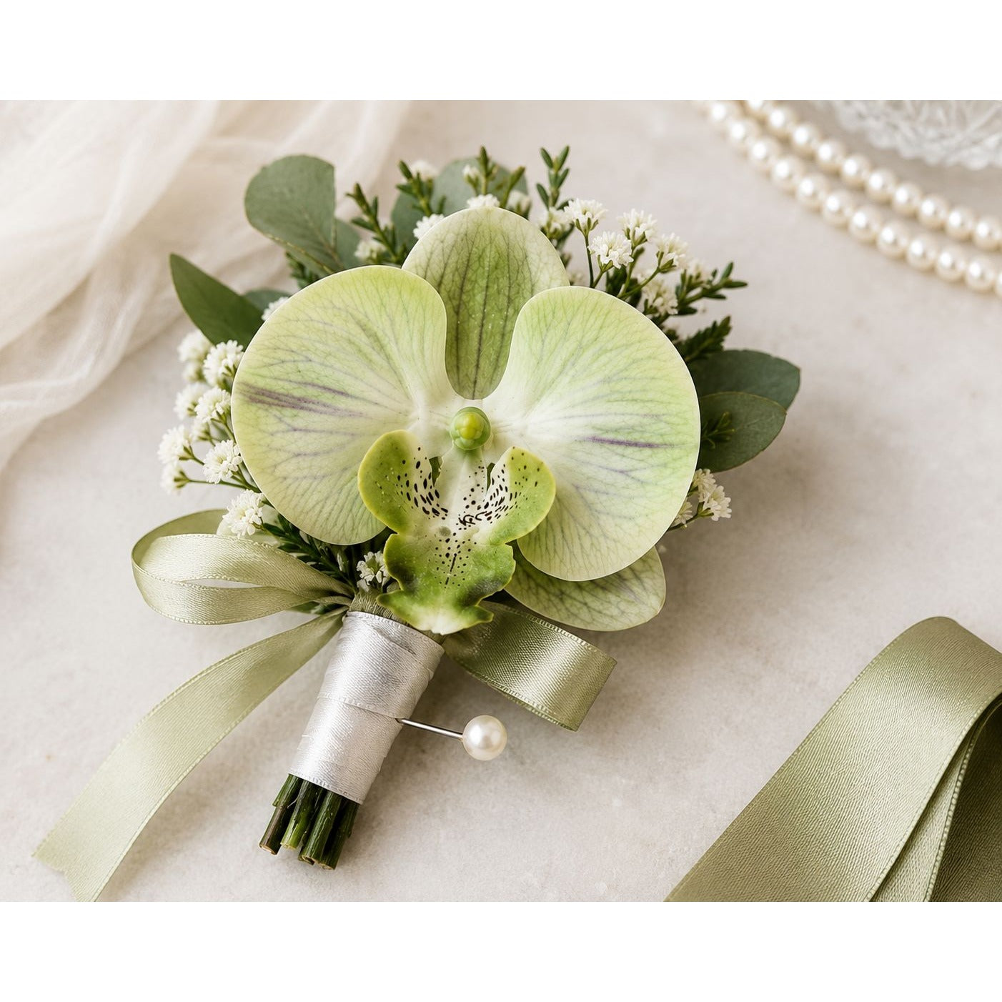 Jade Green Real Touch Orchid Heads Set of 2, 3.5 Inch Phalaenopsis Blooms for Corsage Boutonniere Crafts