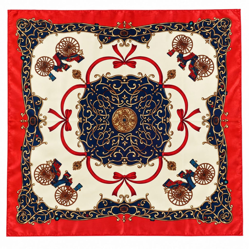 A square silk scarf featuring a classic ornate pattern with a navy blue central medallion, red ribbon motifs, gold scrollwork, and brown carriage illustrations on an ivory background, framed by a solid red border.