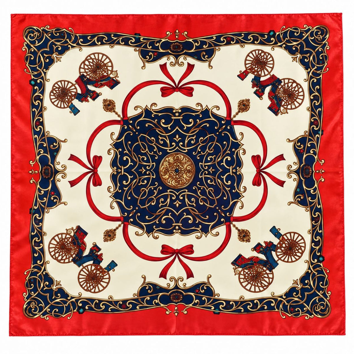 A square silk scarf featuring a classic ornate pattern with a navy blue central medallion, red ribbon motifs, gold scrollwork, and brown carriage illustrations on an ivory background, framed by a solid red border.