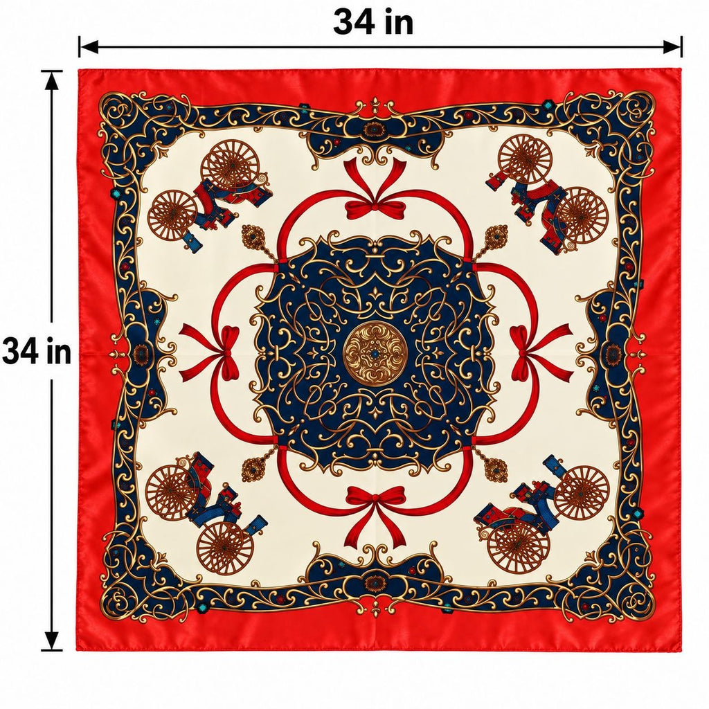 A square silk scarf with a classic French Regency pattern, shown with dimension lines indicating a size of 34 inches. The design features a cream center, a navy blue medallion, red ribbon accents, and an ornate gold and navy border with horse-drawn carriage motifs.