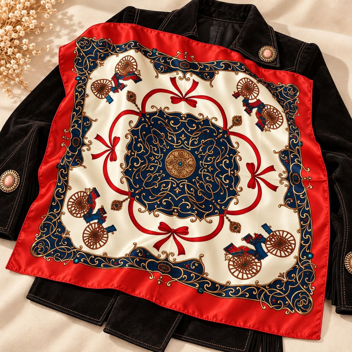 A square silk scarf with an ornate traditional Chinese design, laid flat on top of a black velvet jacket. The scarf features a cream background with a large central blue medallion, red decorative borders, and motifs of horse-drawn carriages.