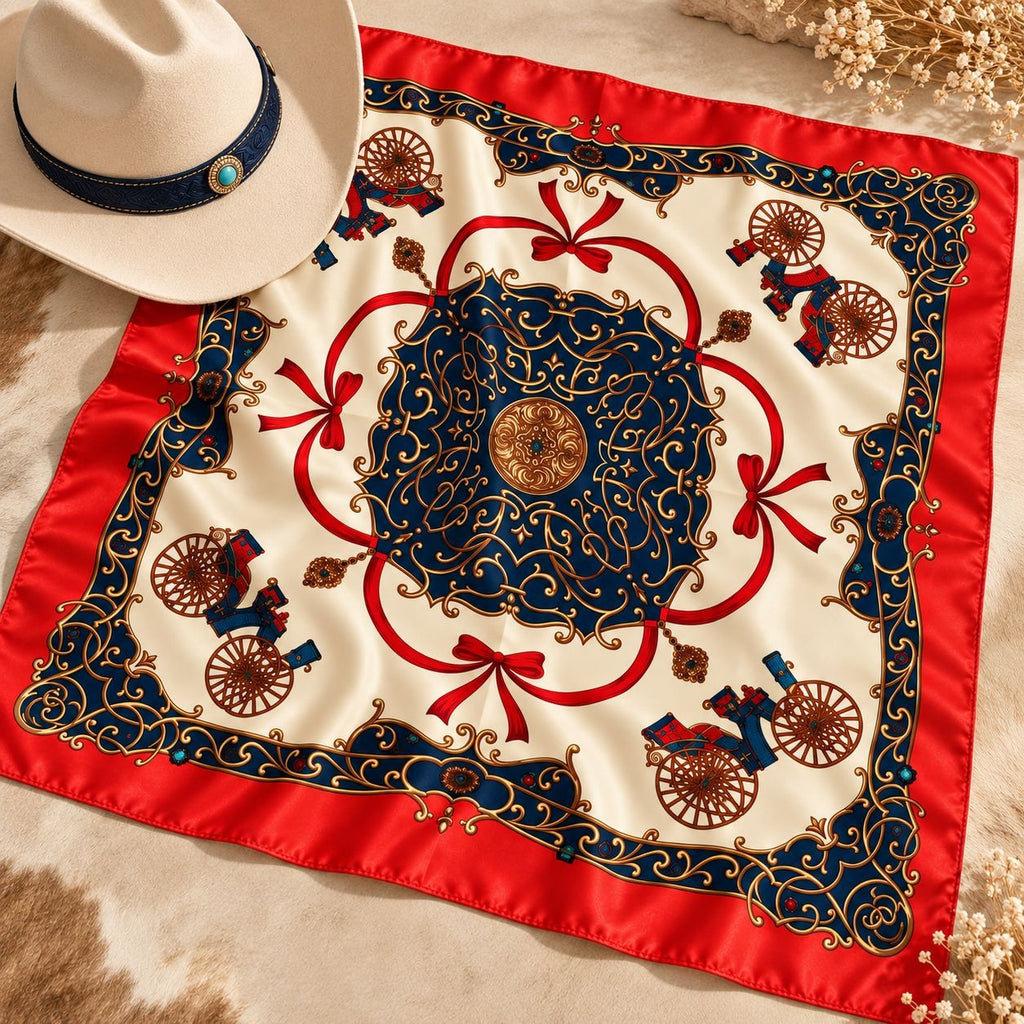 A square silk scarf with a western-themed design, featuring a cream background, a navy blue central medallion, red borders and bows, and gold scrollwork. A white cowboy hat with a navy band is styled in the top-left corner on a textured beige and brown fur surface with dried flowers.