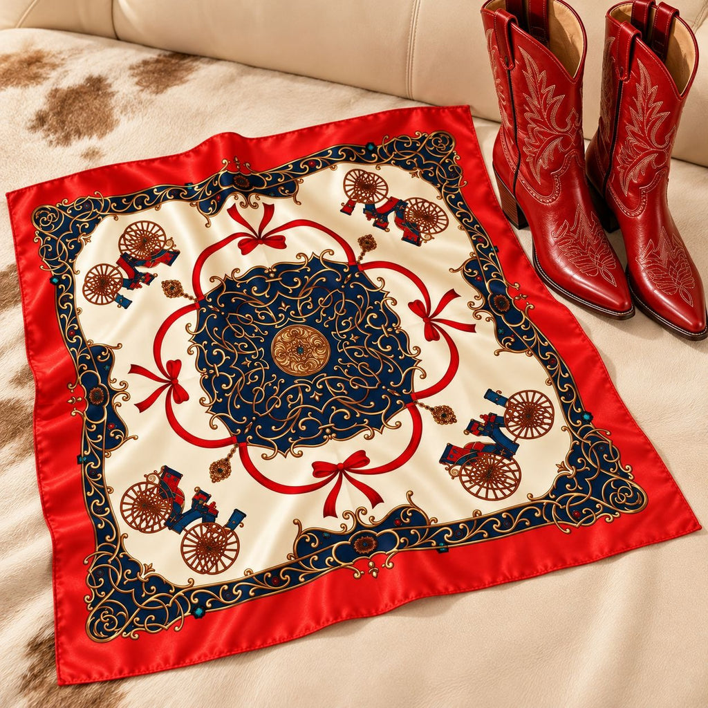 A square silk scarf with a western-themed design featuring a central carriage motif, red borders, and navy blue scrollwork, styled on a cowhide surface next to red cowboy boots.