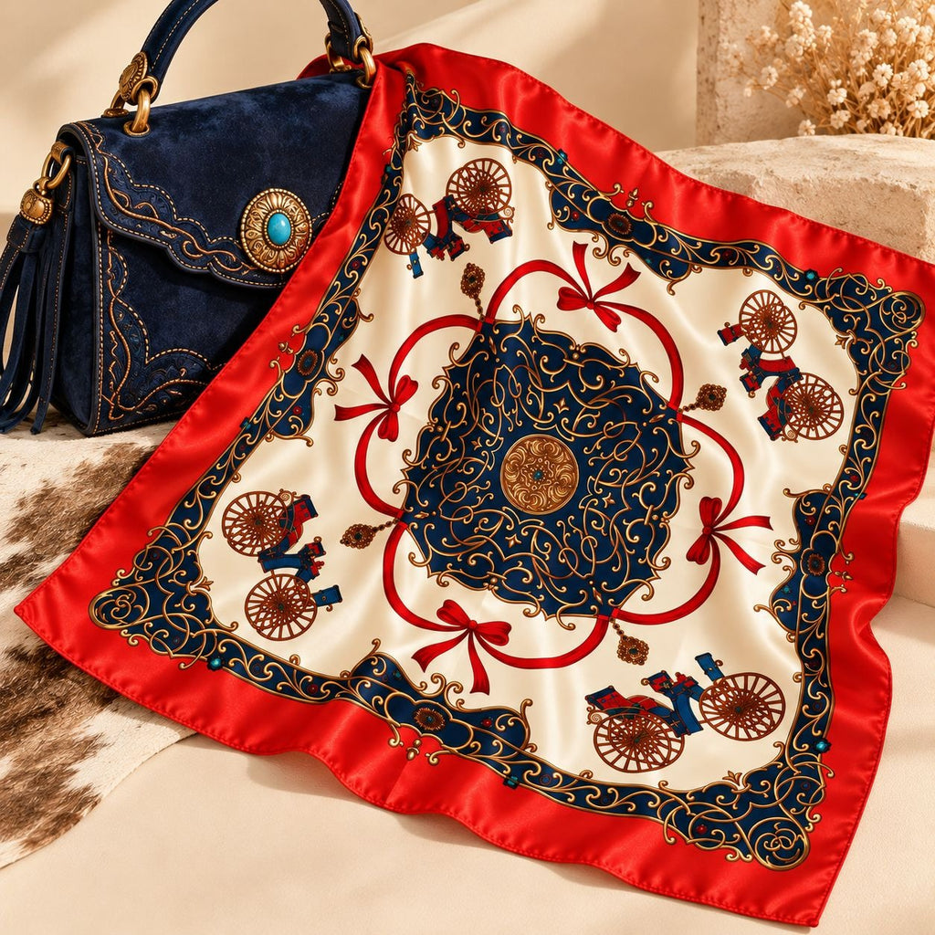 A square silk scarf with a red border and an ornate navy blue and gold central medallion design, styled next to a navy blue handbag on a beige surface.