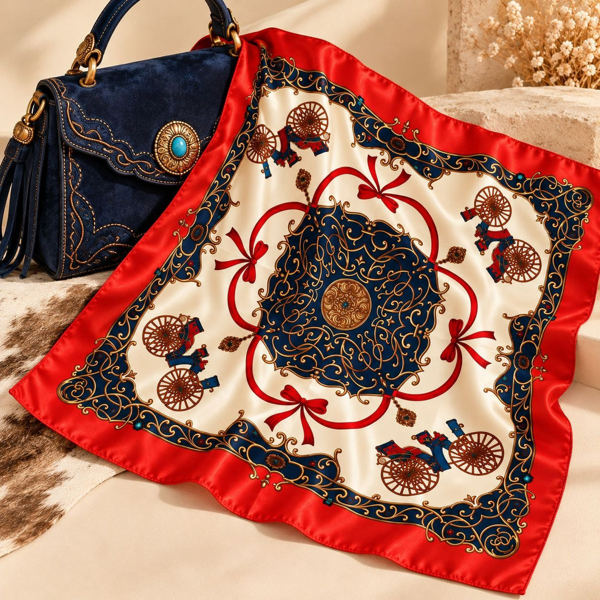 A square silk scarf with a red border and an ornate navy blue and gold central medallion design, styled next to a navy blue handbag on a beige surface.