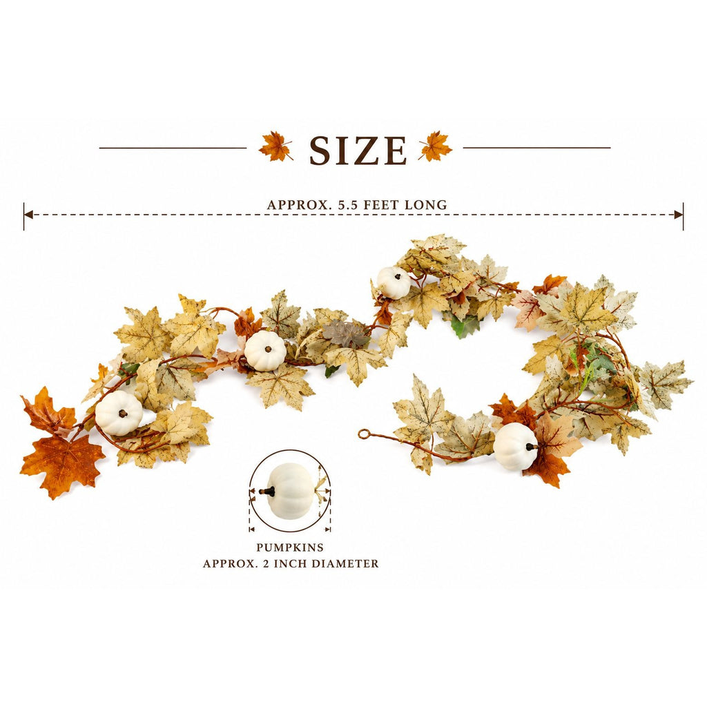 Decorative garland with pumpkins and leaves, showing size and pumpkin diameter on a white background.