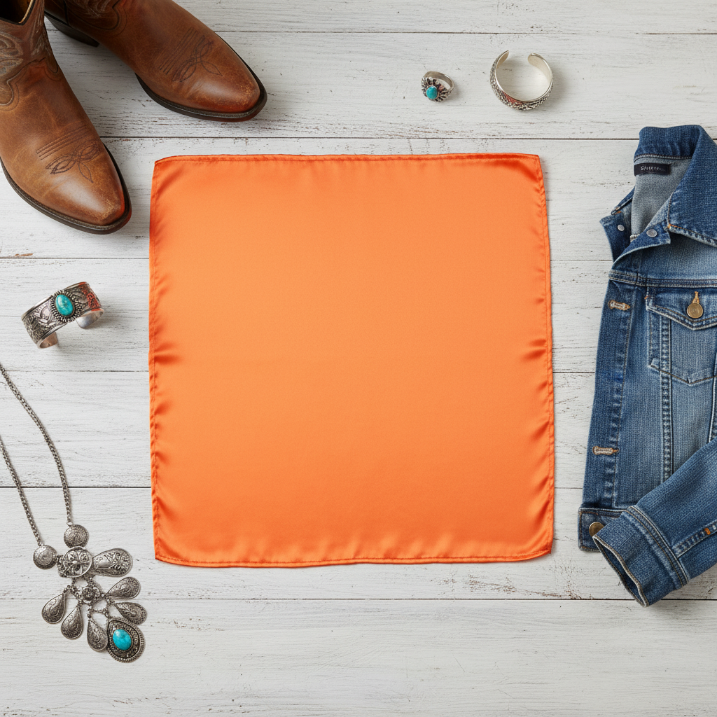 Orange satin scarf 19x19 flat lay with western accessories