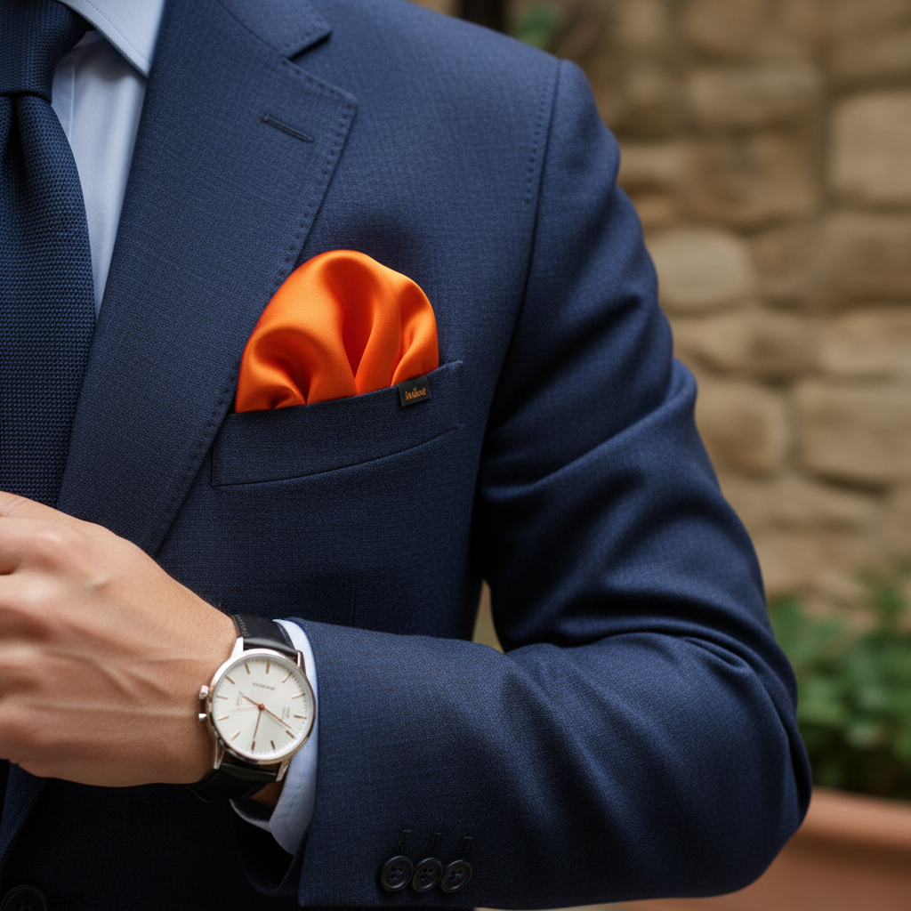 Orange satin scarf 19x19 folded as pocket square in blazer