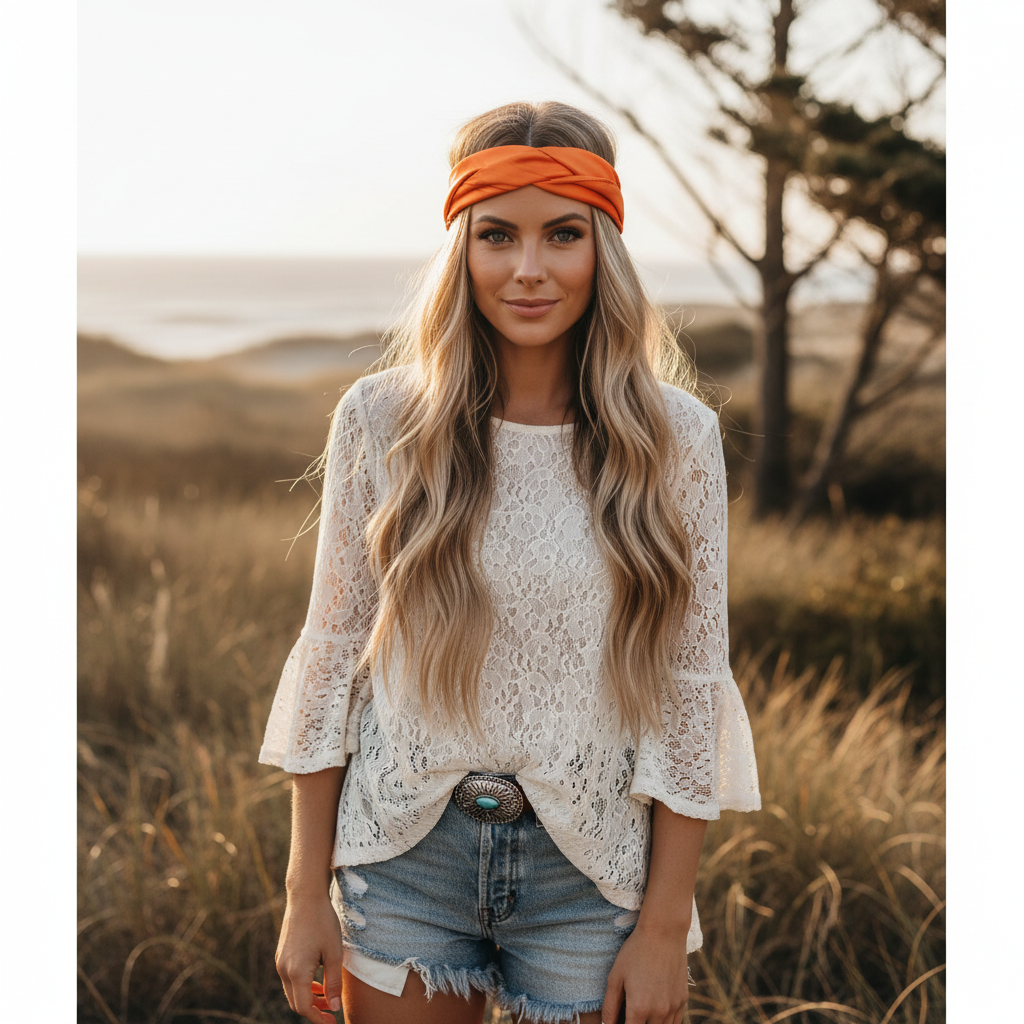 Orange satin scarf 19x19 styled as headband boho cowgirl chic