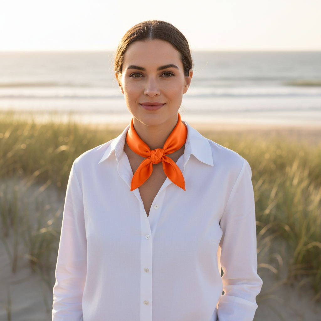 Orange satin scarf 19x19 tied as neckerchief ascot style at neck