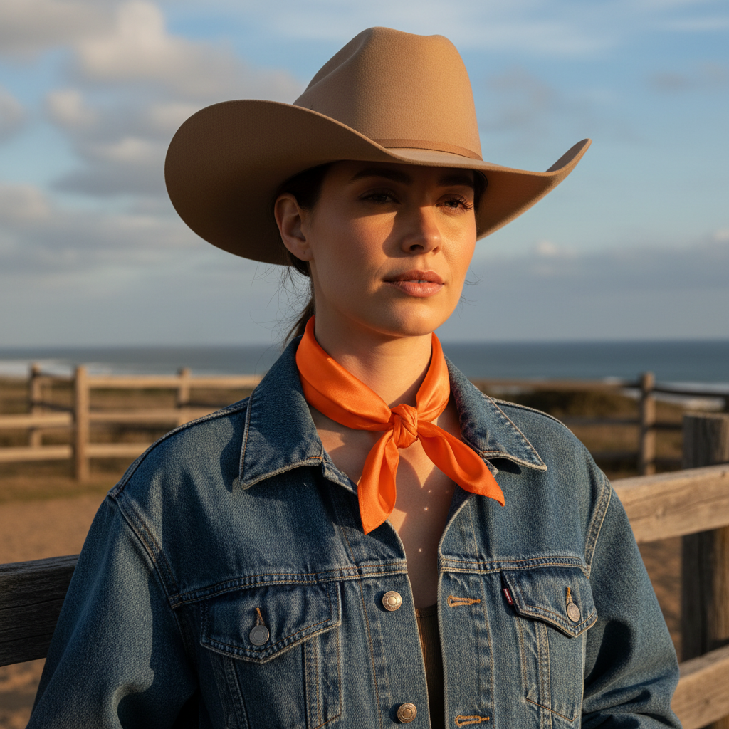 Orange satin scarf 19x19 tied as neckerchief on woman