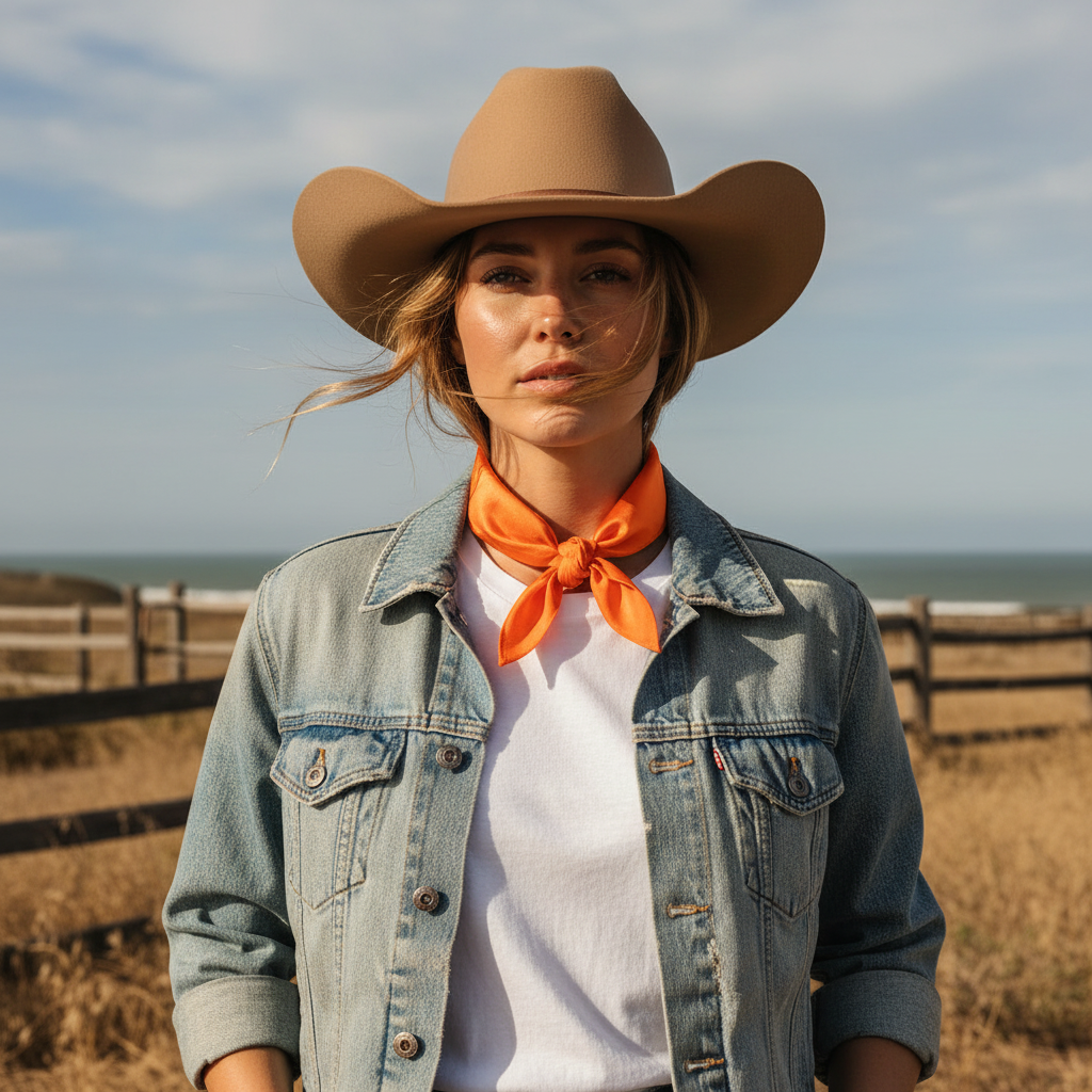 Orange satin scarf 19x19 tied as neckerchief on woman