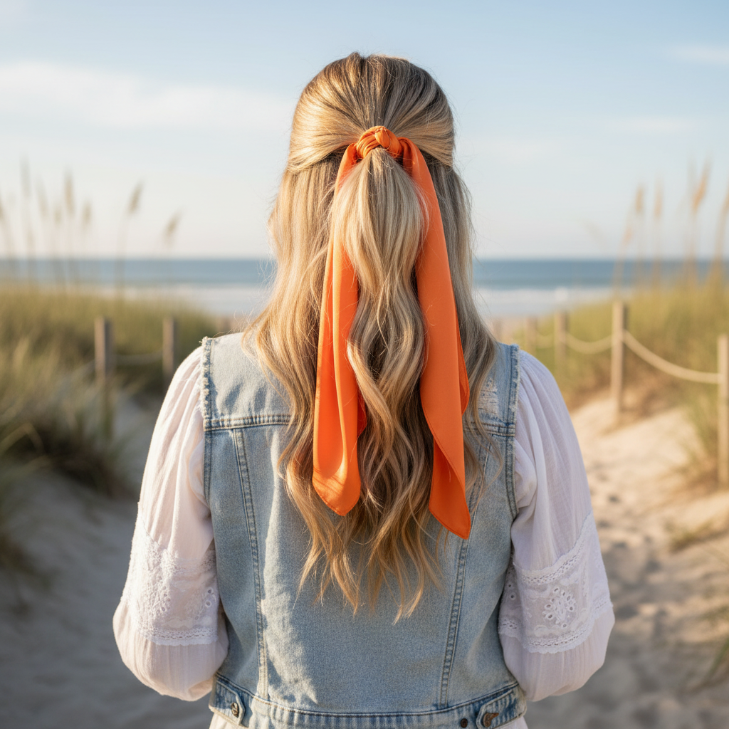 Orange satin scarf 19x19 tied at ponytail draping down