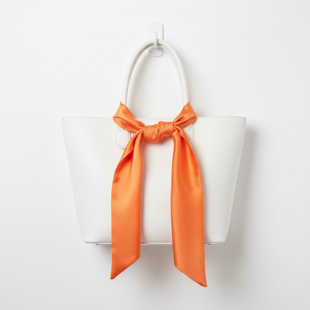 Orange satin scarf 19x19 tied on white purse draping down