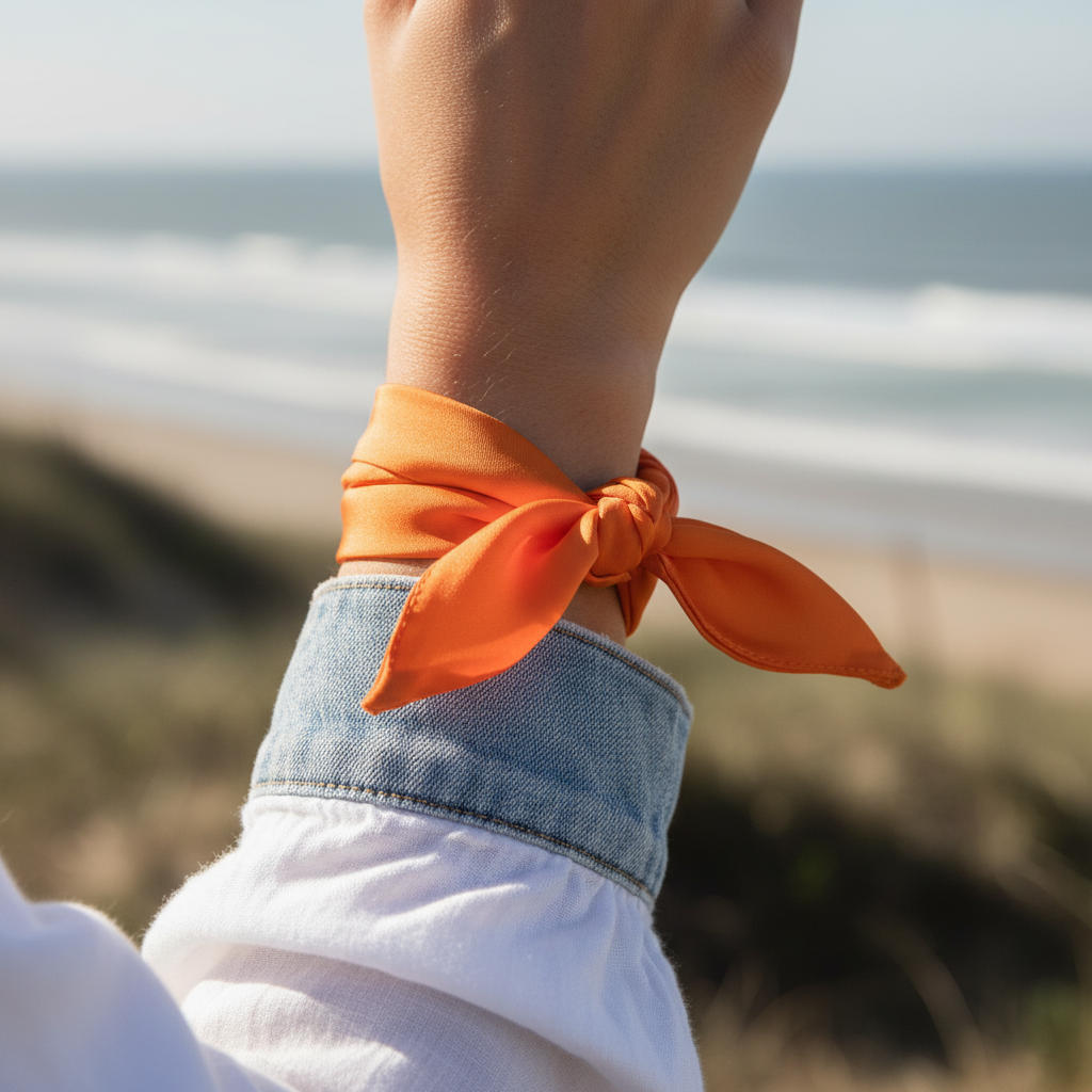 Orange satin scarf 19x19 wrapped twice around wrist with bow