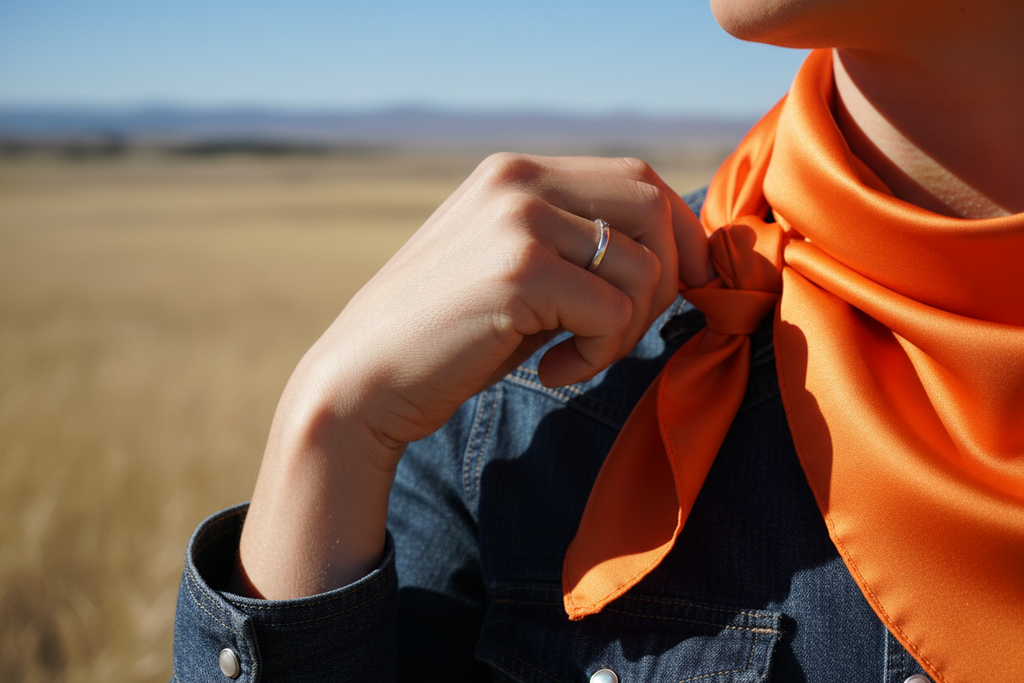 Orange wild rag 23x23 draped over shoulder detail shot