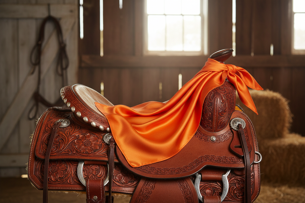 Orange wild rag 23x23 draped over western saddle with tack