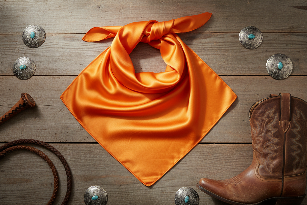 Orange wild rag 23x23 laid flat in square shape with western accessories