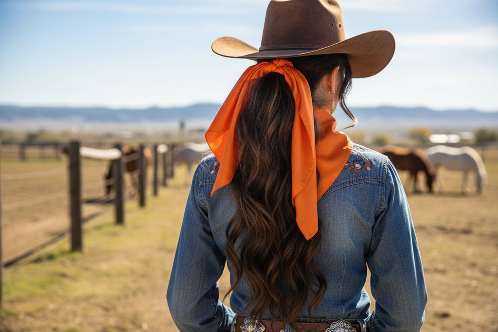 Orange wild rag 23x23 scarf styled as hair tie on cowgirl