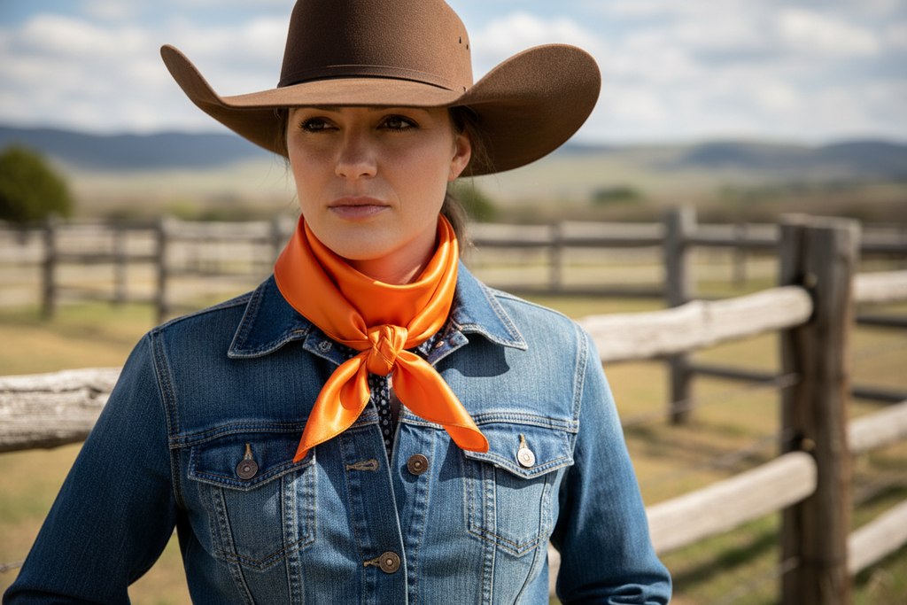 Orange wild rag 23x23 scarf wrapped around cowgirl's neck