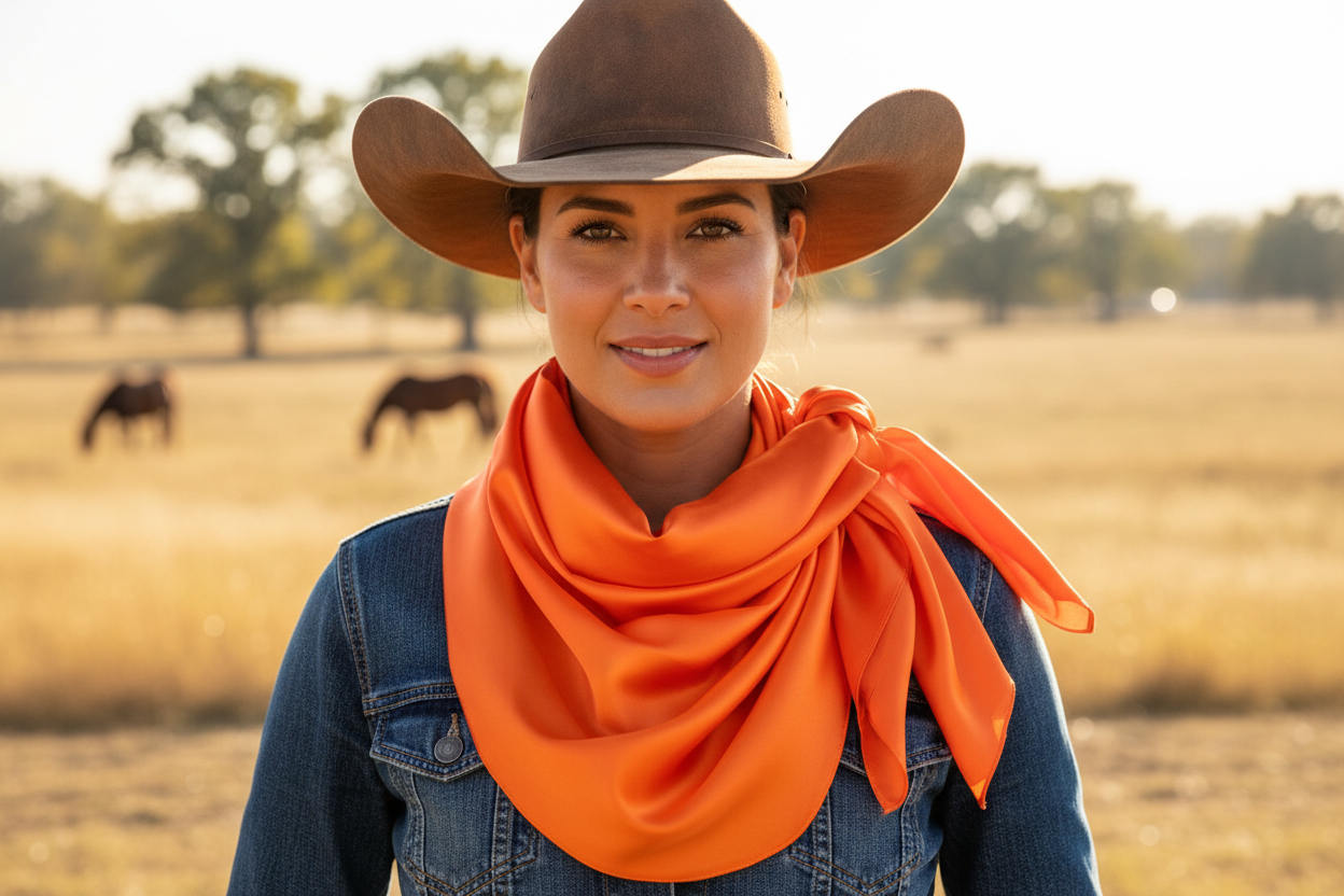 Orange wild rag scarf doubled around cowgirl's neck