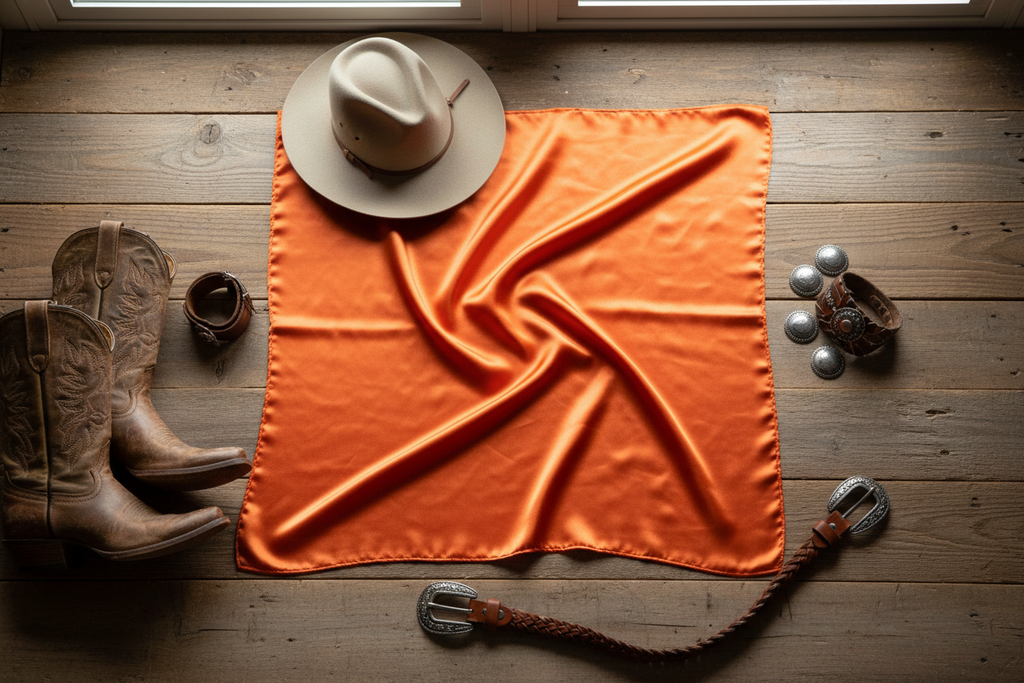 Orange wild rag scarf flat lay with western accessories