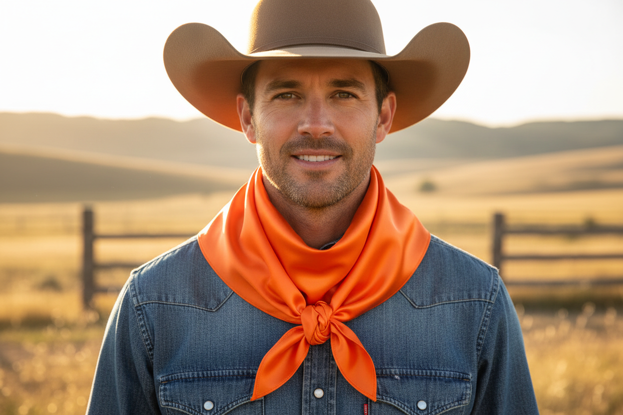 Orange wild rag scarf tied in front around cowboy's neck