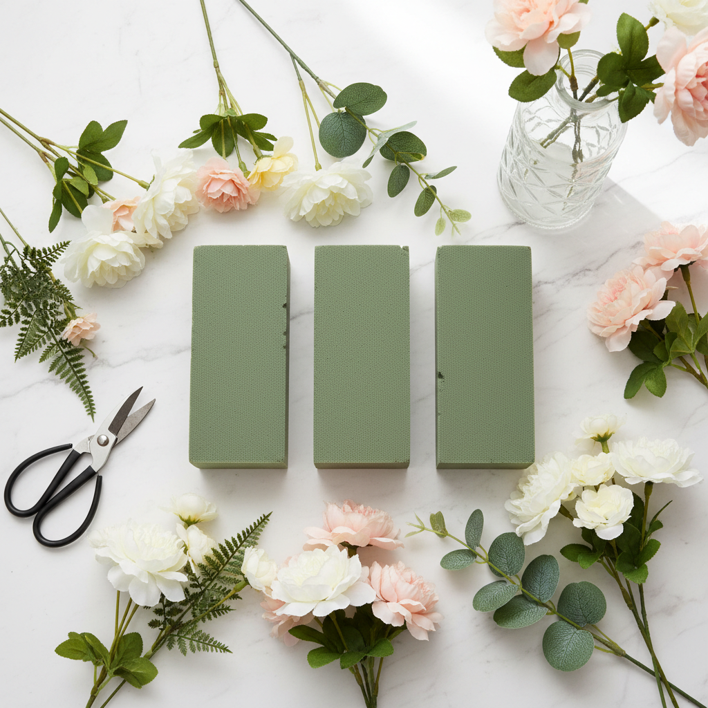 Overhead flat lay of 3 green dry floral foam blocks with scissors, silk flower stems and decorative vase on white marble