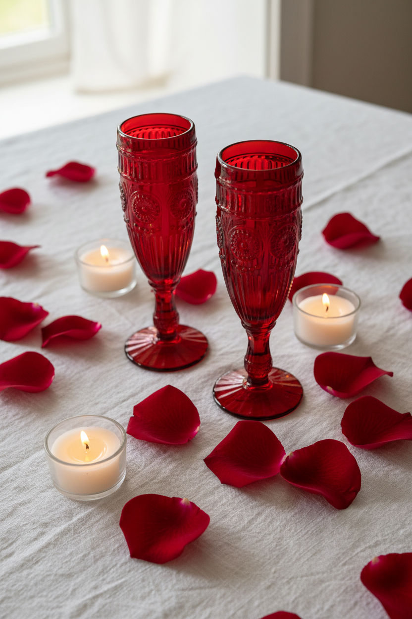 Overhead view of red flutes with rose petals and candles