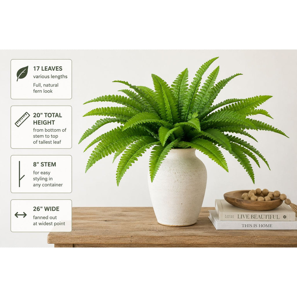 Artificial Boston Fern Bush 20 Inch Faux Fern Plant Hanging Basket Filler Planter Greenery Porch Sunroom Home Decor Indoor Outdoor