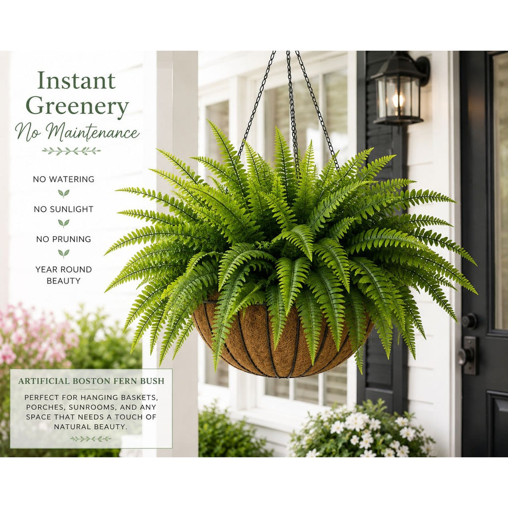 Artificial Boston Fern Bush 20 Inch Faux Fern Plant Hanging Basket Filler Planter Greenery Porch Sunroom Home Decor Indoor Outdoor