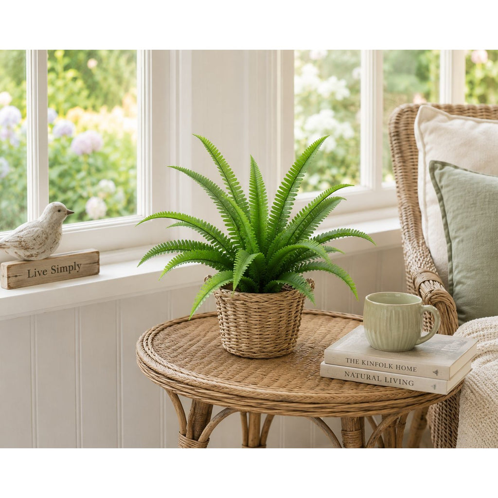 Artificial Boston Fern Bush 20 Inch Faux Fern Plant Hanging Basket Filler Planter Greenery Porch Sunroom Home Decor Indoor Outdoor