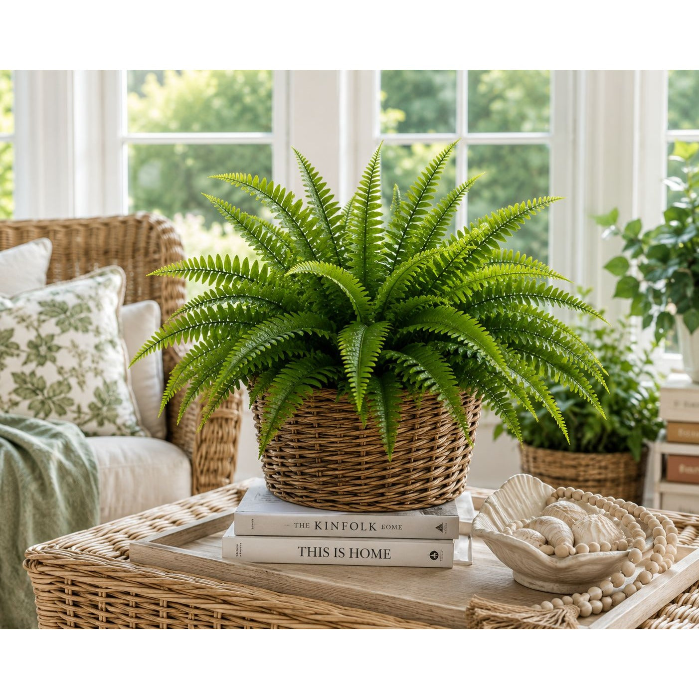 Artificial Boston Fern Bush 20 Inch Faux Fern Plant Hanging Basket Filler Planter Greenery Porch Sunroom Home Decor Indoor Outdoor