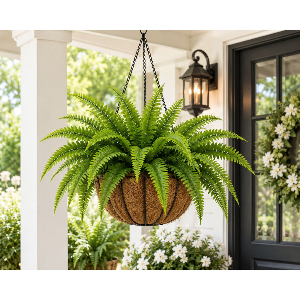 Artificial Boston Fern Bush 20 Inch Faux Fern Plant Hanging Basket Filler Planter Greenery Porch Sunroom Home Decor Indoor Outdoor