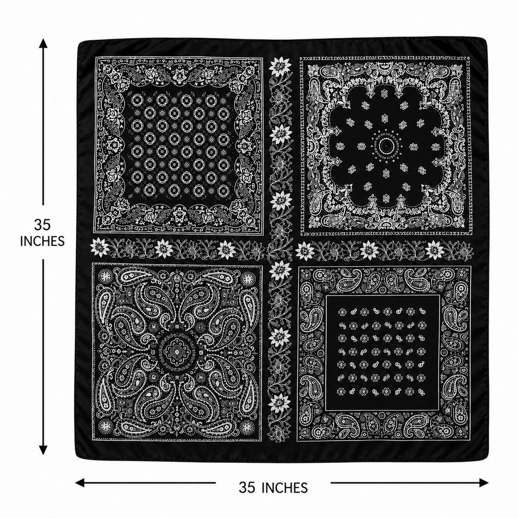 Black bandana with white patterns and measurements on a white background