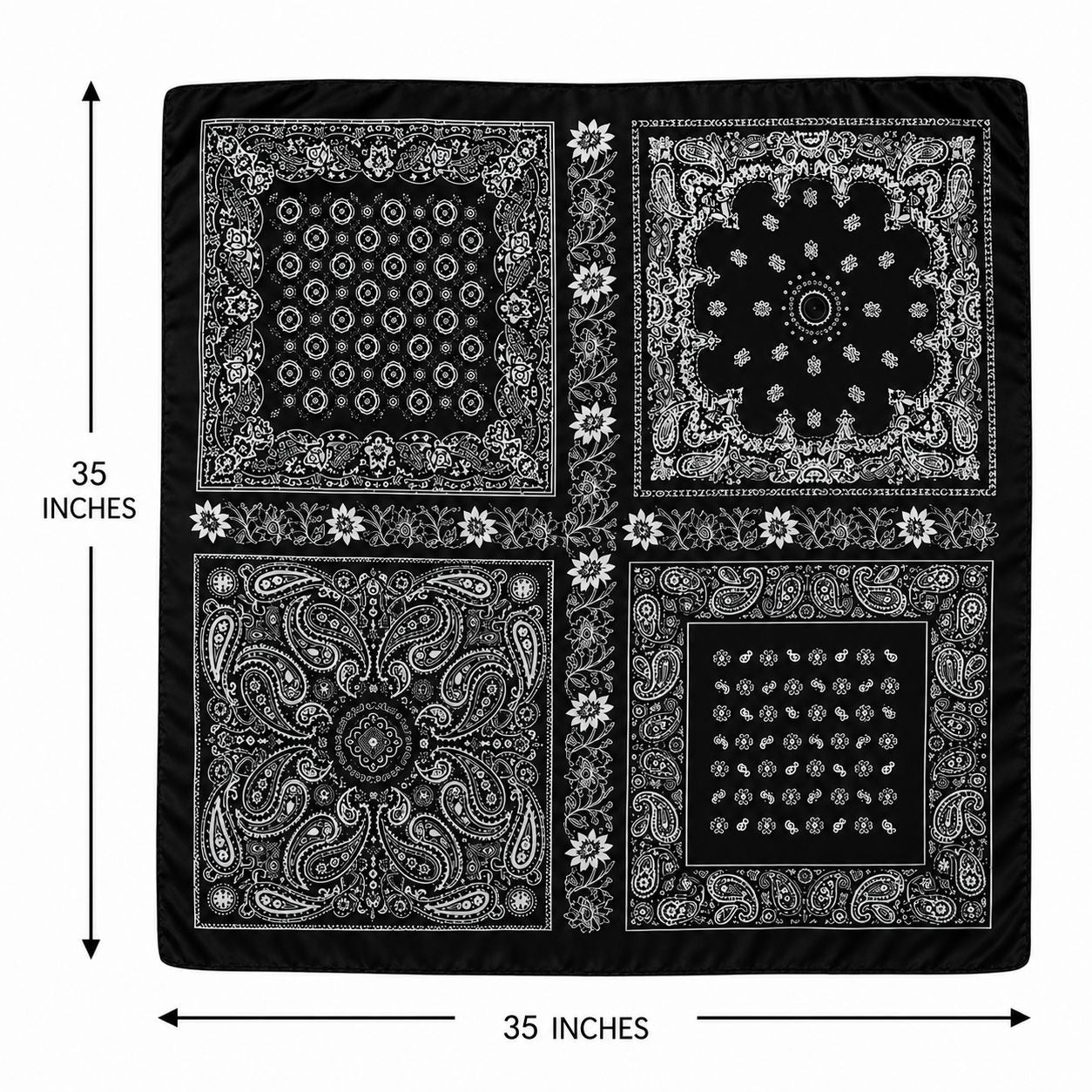 Black bandana with white patterns and measurements on a white background